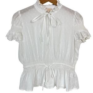 byTiMo White Short Sleeve Tie Waist Peplum Broderie Romantic Top Size XS